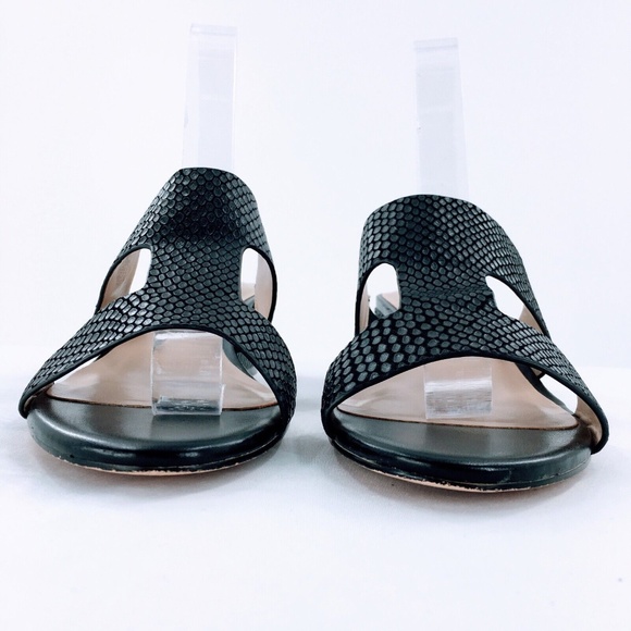 H by Halston Leather Wedge Sandal Black Snake Embossed Slide On Cut Out Sz 7.5 - Picture 2 of 12